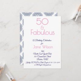 ネイビーとピンクの50歳の誕生日招待状 招待状