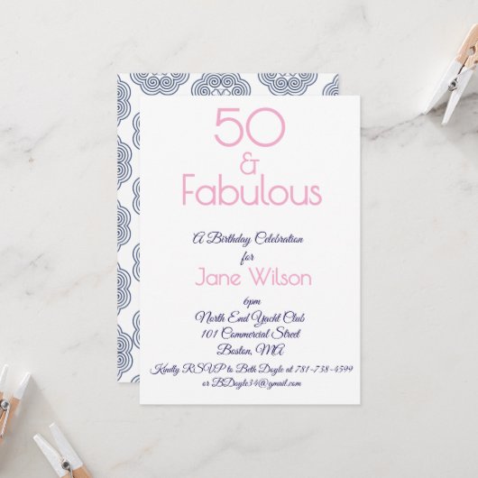 ネイビーとピンクの50歳の誕生日招待状 招待状 (正面/裏面インサイチュ)