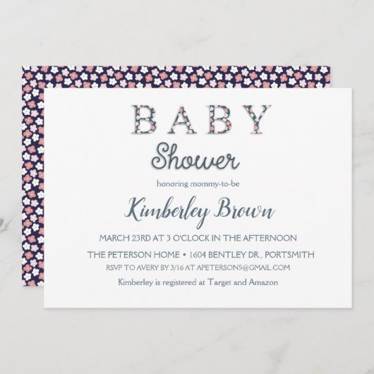 ネイビーとピンクディシーフローラレトロベビーシャワー 招待状 (正面/裏面)