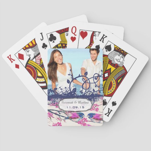 ネイビーとピンク結婚の愛遊鳥のカード トランプ (裏面)