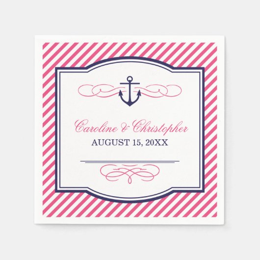 ネイビーとピンク航海のいかり結婚ズモノグラム スタンダードカクテルナプキン (正面)