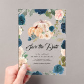 ネイビーとピーチの花柄のかぼちゃの結婚式　セーブ・ザ・デート アクリル招待状 (インサイチュ (ポータブル))