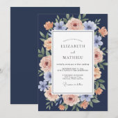 ネイビーとピーチブロッサムのロマンティックな結婚式 招待状 (正面/裏面)