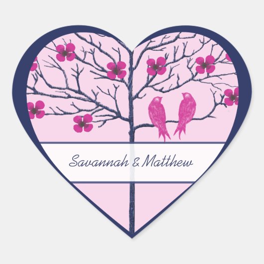 ネイビーとフクシアの恋する小鳥たちと桜 ハートシール (正面)