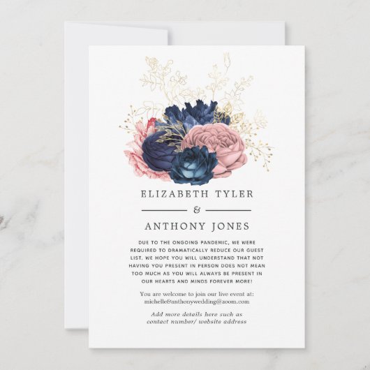 ネイビーとフラッシュ ヴィンテージ フラワーズ 少人数ゲストリスト 案内状 (正面)