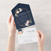 ネイビーとブッシュの花の幾何学的な結婚式 オールインワン招待状 (貼ってはがせる)
