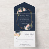 ネイビーとブッシュの花の幾何学的な結婚式 オールインワン招待状 (内側)