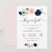 ネイビーとブッシュの花の性別発表招待状 招待状 (正面/裏面)