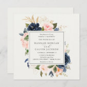 ネイビーとブッシュの花の結婚式 招待状 (正面/裏面)