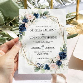 ネイビーとブッシュの花柄幾何学ウェディング招待状 招待状