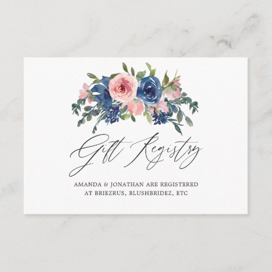 ネイビーとブッシュピンクの花の結婚式ギフトレジストリー エンクロージャーカード (正面)