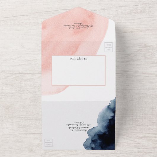 ネイビーとブッシュ ウォーターカラー ジオメトリック ウェディング オールインワン招待状 (外側)