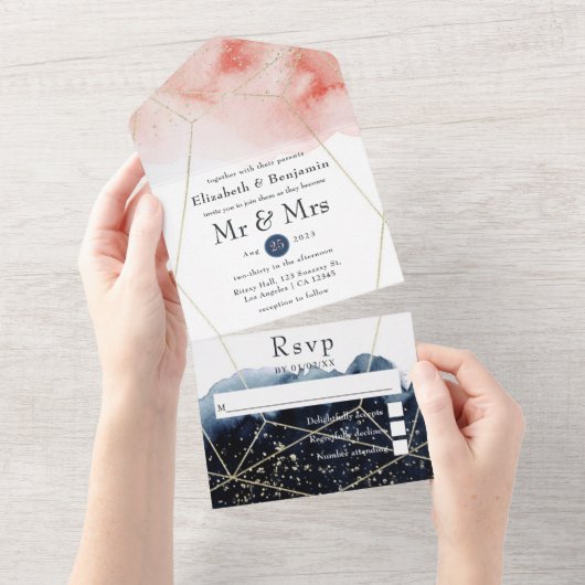 ネイビーとブッシュ ウォーターカラー ジオメトリック ウェディング オールインワン招待状 (貼ってはがせる)