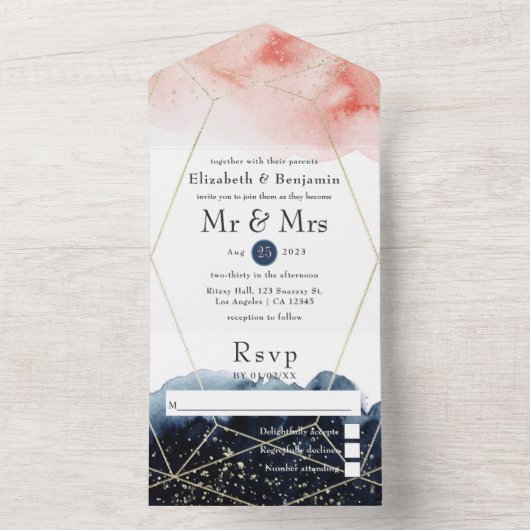 ネイビーとブッシュ ウォーターカラー ジオメトリック ウェディング オールインワン招待状 (内側)