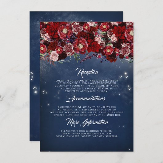 ネイビーとブルゴーニュのフローラ結婚ズ・インフォメーション・ゲスト エンクロージャーカード (正面/裏面)