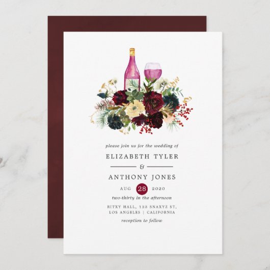 ネイビーとブルゴーニュのワインクリスマス結婚フローラ 招待状 (正面/裏面)