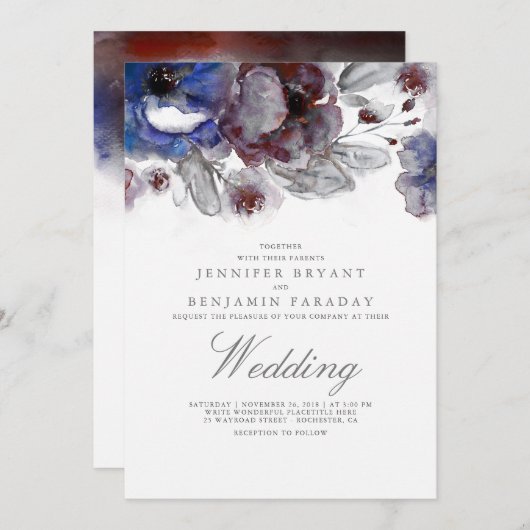 ネイビーとブルゴーニュの水の色のフローラ結婚 招待状 (正面/裏面)
