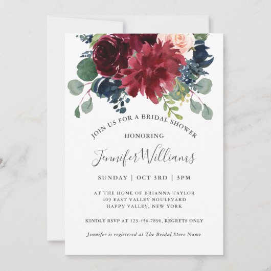 ネイビーとブルゴーニュの水カラーフローラブライダルシャワー 招待状 (正面)