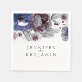 ネイビーとブルゴーニュの水色の花 スタンダードカクテルナプキン