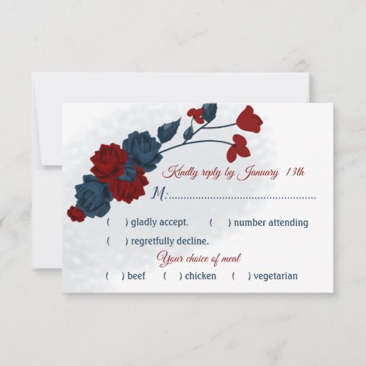 ネイビーとブルゴーニュの花の食事の選択 出欠カード (正面)