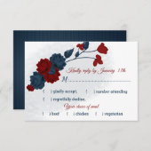 ネイビーとブルゴーニュの花の食事の選択 出欠カード (正面/裏面)