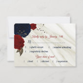 ネイビーとブルゴーニュの花の食事の選択 出欠カード (正面)