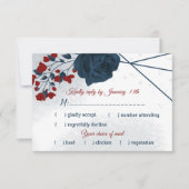 ネイビーとブルゴーニュの花の食事の選択 出欠カード (正面)