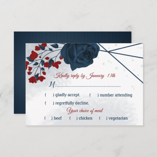 ネイビーとブルゴーニュの花の食事の選択 出欠カード (正面/裏面)