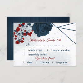 ネイビーとブルゴーニュの花の食事の選択 出欠カード