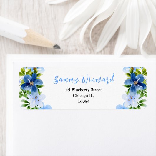 ネイビーとブルーのフローラと葉のブライダルシャワー ラベル (インサイチュ)