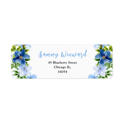 ネイビーとブルーのフローラと葉のブライダルシャワー ラベル (正面)
