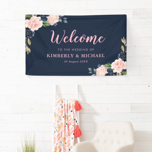 ネイビーとブロッサムのピンクのフローラ結婚歓迎 横断幕 (インサイチュ)