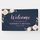 ネイビーとブロッサムのピンクのフローラ結婚歓迎 横断幕 (横)