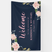 ネイビーとブロッサムのピンクのフローラ結婚歓迎 横断幕 (縦)