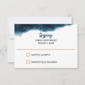 ネイビーとブロンズの水彩結婚式RSVPカード 出欠カード (正面)