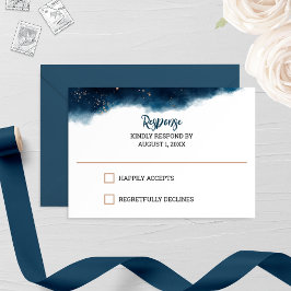 ネイビーとブロンズの水彩結婚式RSVPカード 出欠カード