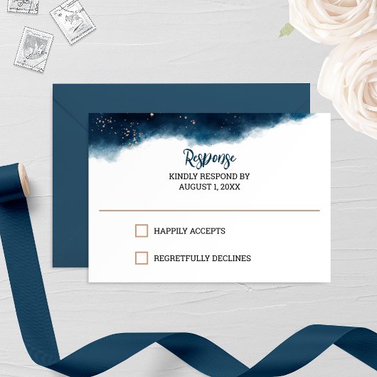 ネイビーとブロンズの水彩結婚式RSVPカード 出欠カード