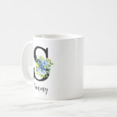 ネイビーとベビーブルーのフローラモノグラム名 コーヒーマグカップ (正面左)