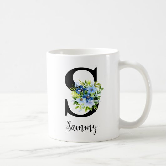 ネイビーとベビーブルーのフローラモノグラム名 コーヒーマグカップ (右)