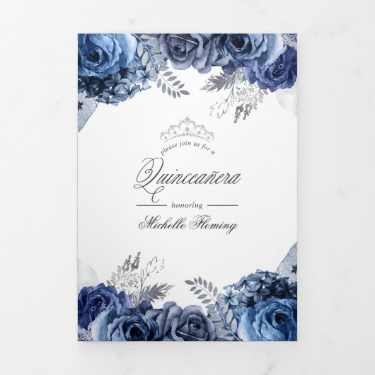 ネイビーとホワイトとシルバーフォイルフローラクインセアニラ 三つ折り招待状 (カバー)