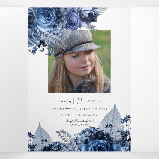 ネイビーとホワイトとシルバーフォイルフローラクインセアニラ 三つ折り招待状 (内部中)