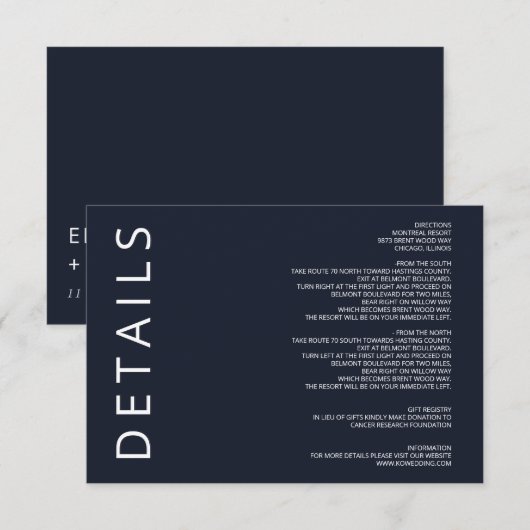 ネイビーとホワイトのエレガントなモダン ミニマリスト ウェディング エンクロージャーカード (正面/裏面)