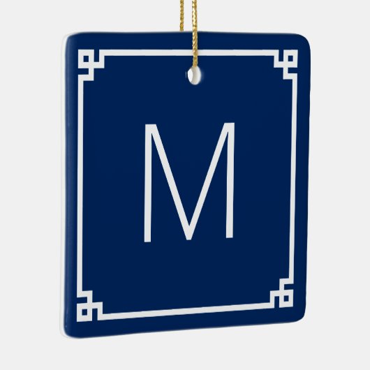 ネイビーとホワイトのギリシャ語鍵縁どモノグラム写真 セラミックオーナメント (右)