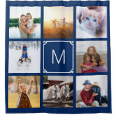 ネイビーとホワイトのギリシャ風モノグラム　８枚の写真のコラージュ シャワーカーテン (正面)