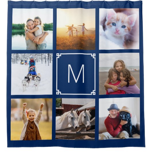 ネイビーとホワイトのギリシャ風モノグラム　８枚の写真のコラージュ シャワーカーテン (正面)