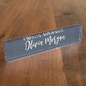 ネイビーとホワイトのスケッチされた草書体の名前 デスクネームプレート (側面)