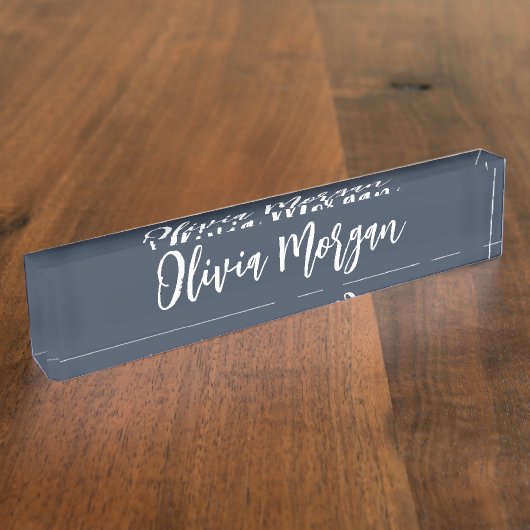 ネイビーとホワイトのスケッチされた草書体の名前 デスクネームプレート (側面)