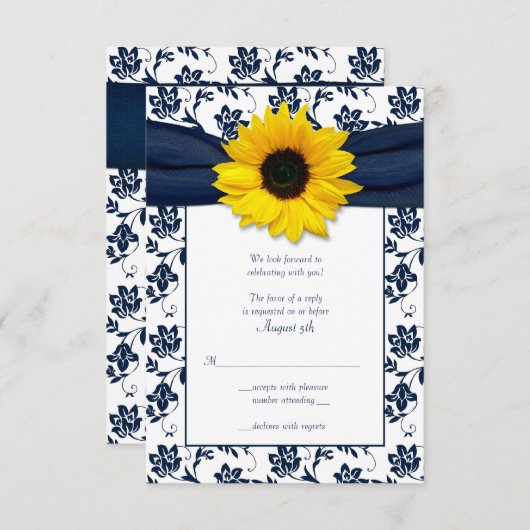ネイビーとホワイトのフローラダマスク結婚式の返信カード 出欠カード (正面/裏面)