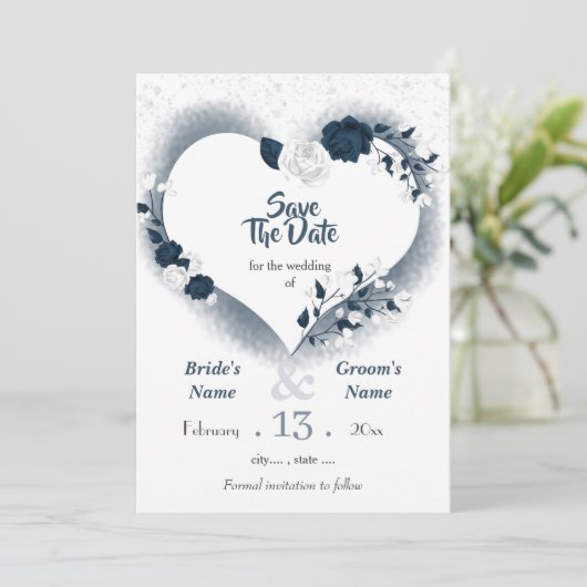 ネイビーとホワイトのフローラハート セーブザデート (スタンド正面)