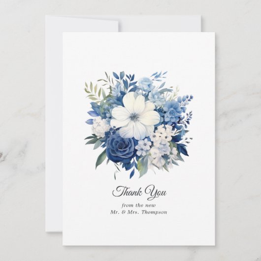 ネイビーとホワイトのフローラ結婚ズ サンキューカード (正面)